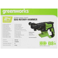 Перфоратор аккумуляторный GREENWORKS GD24SDS2 24В,SDS+,2ДЖ,б/щ,без АКБ и ЗУ (3803007)