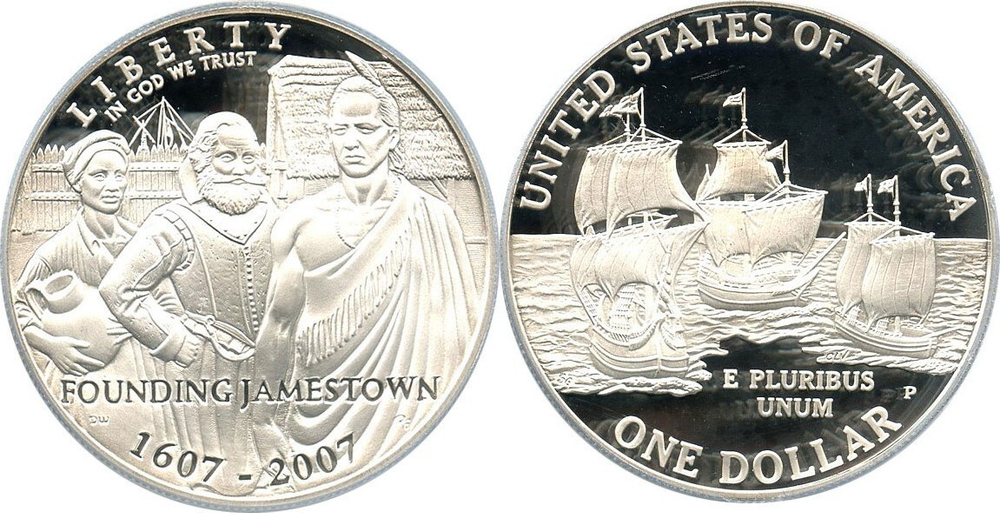 1 доллар 2007 год. Джеймстаун Корабли Парусники. США. Серебро. PROOF