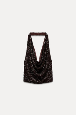 ZARA ТОП С АМЕРИКАНСКОЙ ПРОЙМОЙ И ПАЙЕТКАМИ, ШОКОЛАДНЫЙ