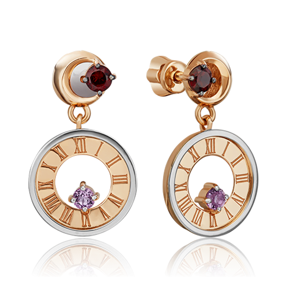 Серьги-пусеты «Импульс» из комбинированного золота с гранатом и аметистом