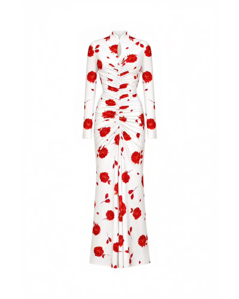 Мадия макси (Madiya maxi), платье с длинными рукавами из молочного бифлекса с цветочным принтом