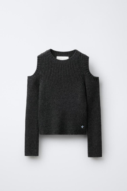 ZARA ВЯЗАНЫЙ СВИТЕР С ВЫРЕЗАМИ И ВЫШИТОЙ ЗВЕЗДОЙ, АНТРАЦИТОВО-СЕРЫЙ