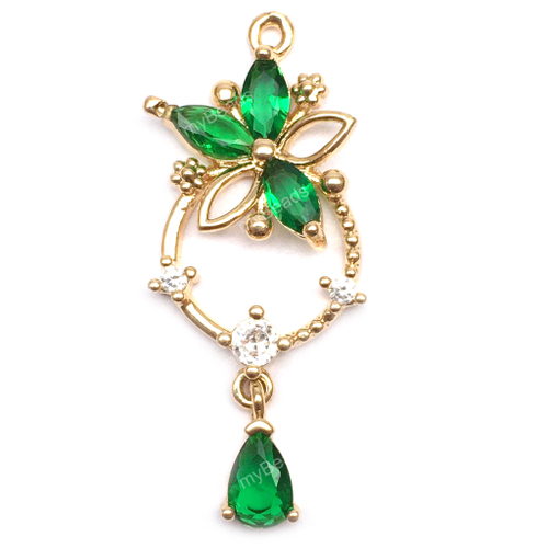 Подвеска для украшений с зелеными фианитами 35х14 мм, позолота