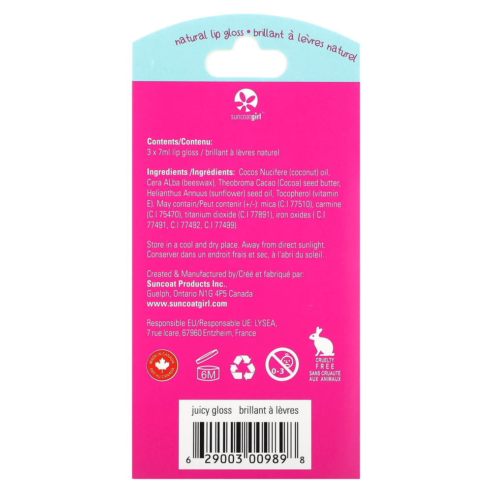 SuncoatGirl, Абсолютно натуральный блеск для губ, Набор из 3 штук, 0,23 унц. (7 мл) Each