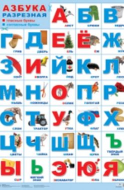 Плакат обучающий печатный, А2, Азбука разрезная (с картинками, в голубой рамке)