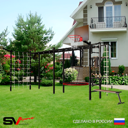 Уличная шведская стенка Sv Sport рукоход х 2 с комплектом турник прямой У52855К (Турник/Брусья/Стойка/Скамья/Гнездо 80см/Щит баскет/Кронш бокс/Канат/кольца/лестница/Сетка)