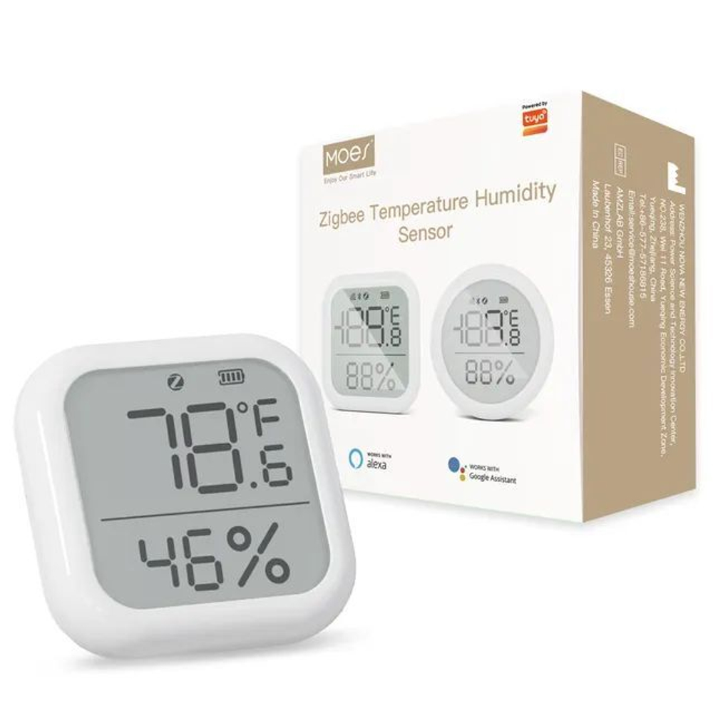 ZigBee Датчик температуры и влажности с дисплеем MOES (Квадратный) (Работает с Яндекс Алисой, Сбер Салют, Tuya))