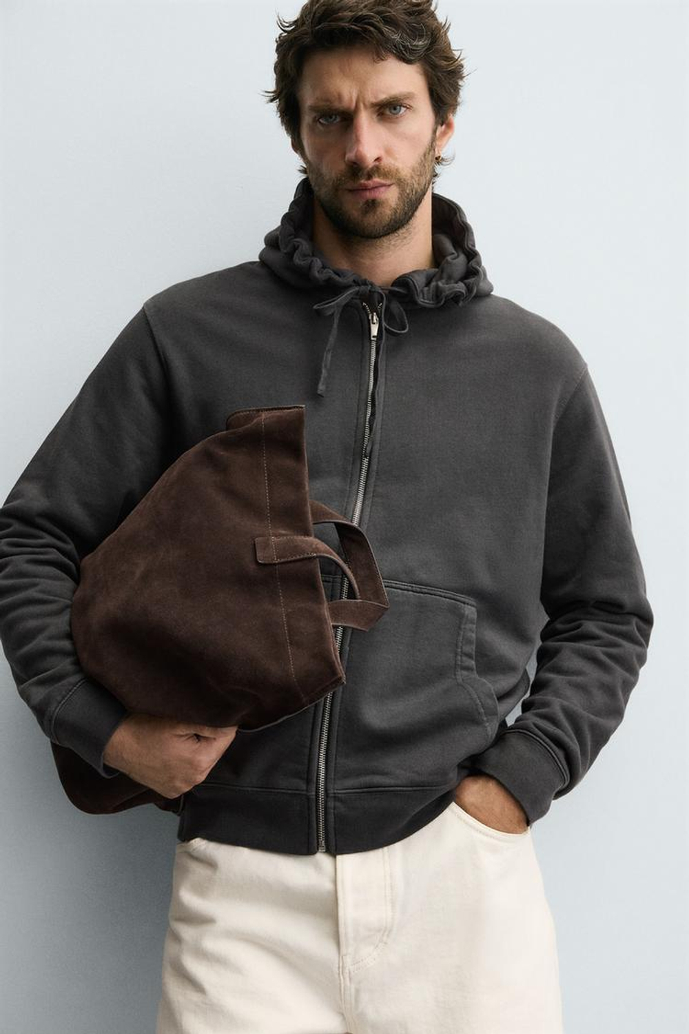 ZARA ТОЛСТОВКА С КАПЮШОНОМ НА МОЛНИИ, ЛИНЯЛЫЙ ЧЕРНЫЙ