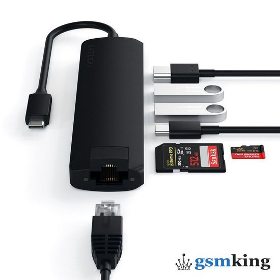 Satechi Type-C Slim Multi-Port with Ethernet Adapter (USB-C PD to 2 x USB-A ports + SD card slot + Micro SD card + Gigabit Ethernet + 4K HDMI) Black ST-UCSMA3K
