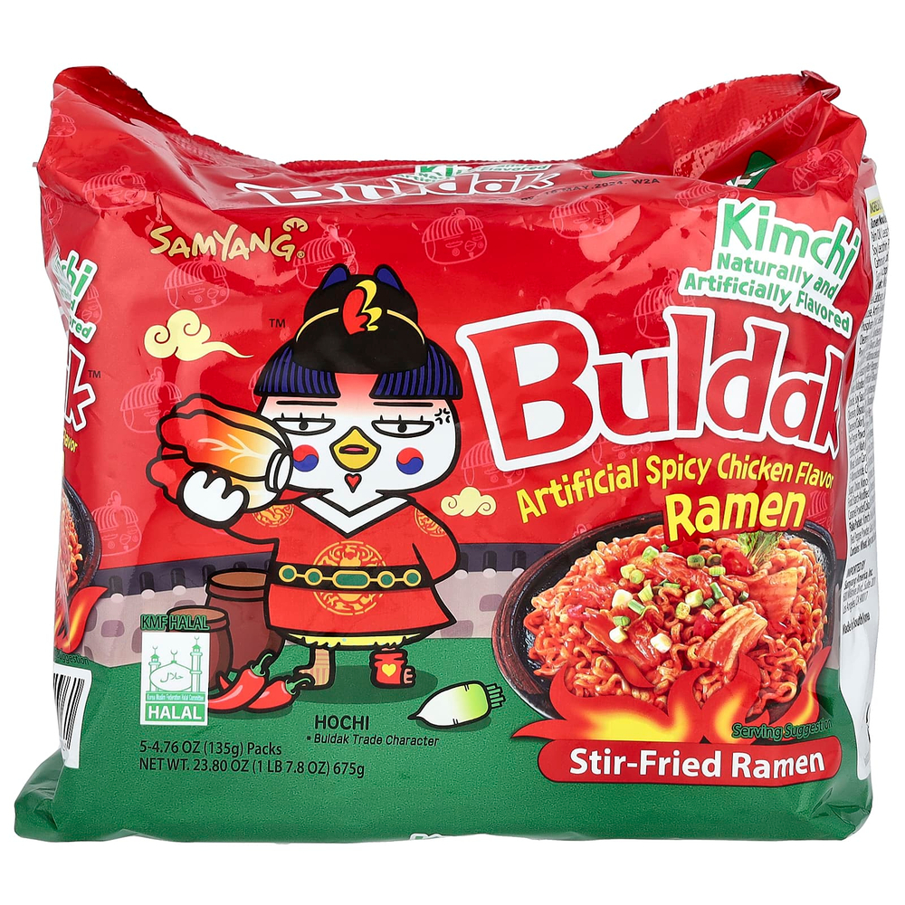 Buldak, Buldak ™, жареный рамен, острый цыпленок, кимчи, 5 пакетиков по 135 г (4,76 унции)