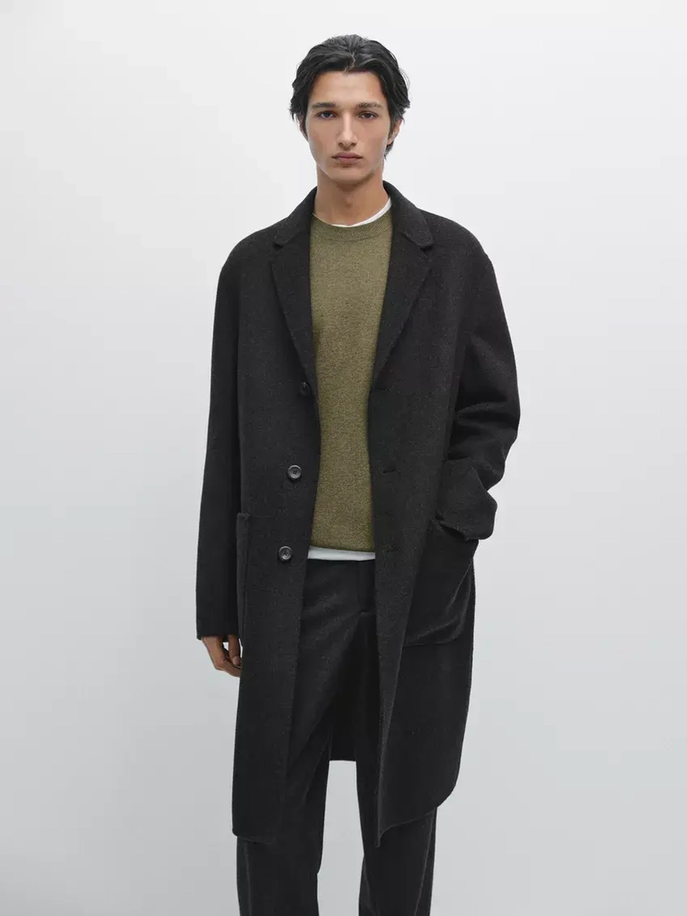 Massimo Dutti Длинное пальто из смесовой шерсти с воротником с лацканами, темно-серый