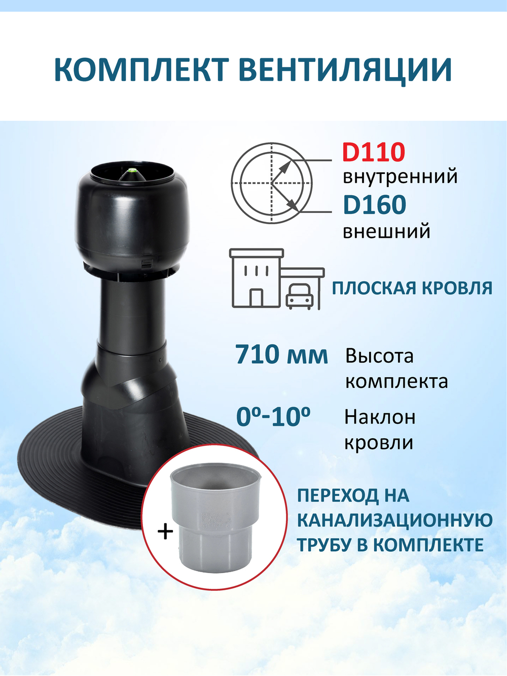 Комплект вентиляции: Вентиляционный выход изолированный D125/160 утепленный высота H=500 мм, проходной элемент для плоской кровли ТП-187, колпак вентиляционный D160 мм, переход на канализационную трубу D110 с вентиляционного выхода 125/160 без уплотнения, коричневый
