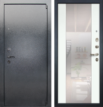 Входная металлическая дверь с зеркалом Лекс 3 БАРК Серый букле  №61 Большое зеркало Белая шагрень