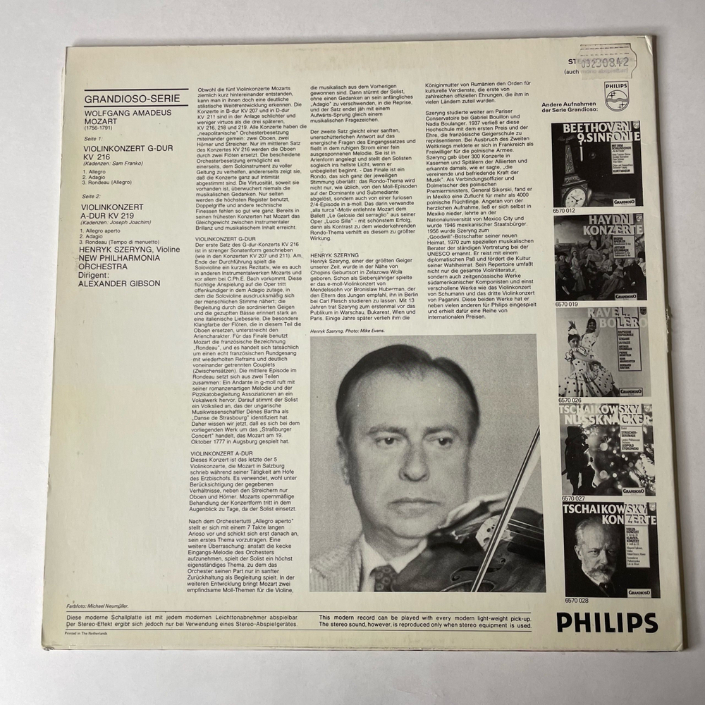 Винтажная виниловая пластинка LP Mozart Моцарт, Henryk Szeryng, New Philharmonia Orchestra, Alexander Gibson, Violinkonzerte Nr. 3 G-Dur; Nr. 5 A-Dur (Нидерланды 1977)