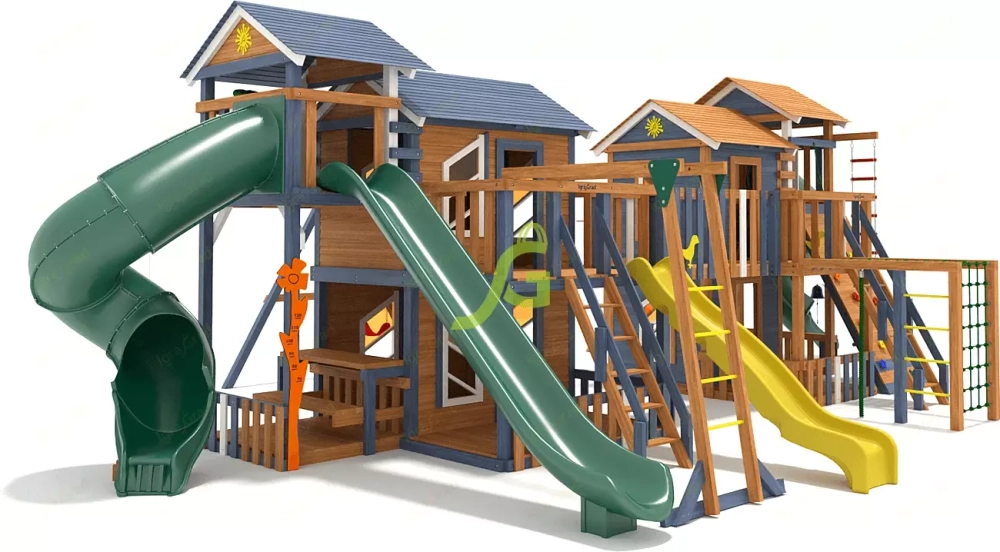 Детская деревянная площадка Домик с горками и качелями