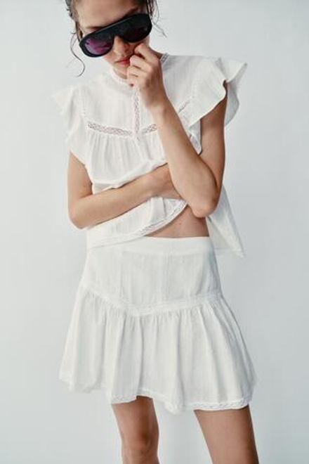 ZARA РОМАНТИЧНАЯ ЮБКА-ШОРТЫ С КРУЖЕВОМ, ЭКРЮ