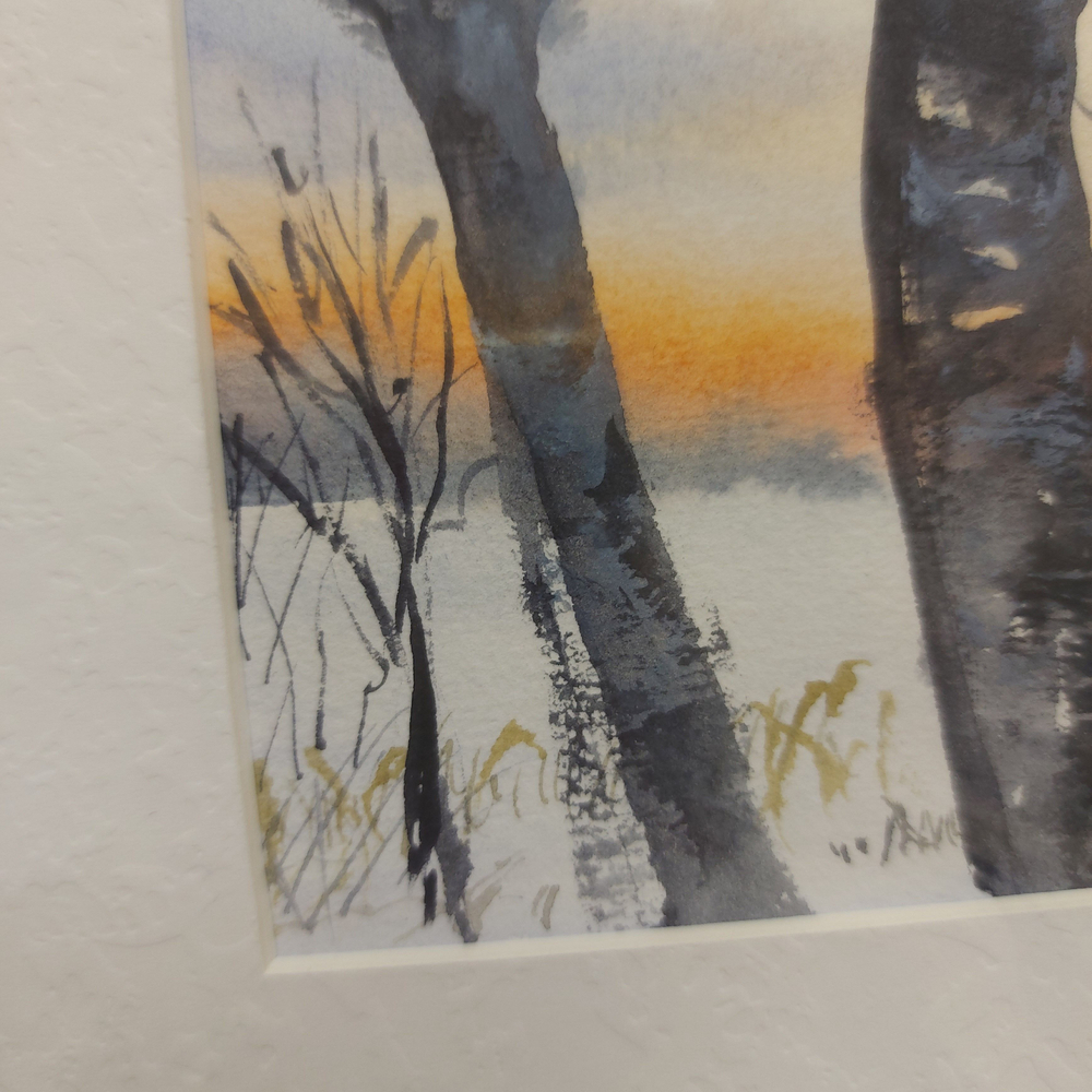 Картина акварельная авторская в паспарту 21х30 см на стену для интерьера "Зимний рассвет"