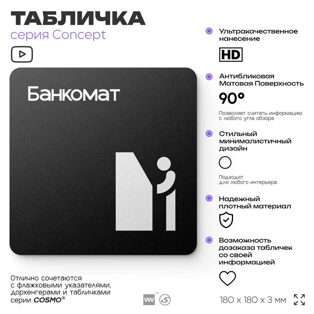 Табличка Банкомат, на дверь и стену, навигационная и информационная, серия CONCEPT, 18х18 см, Айдентика Технолоджи