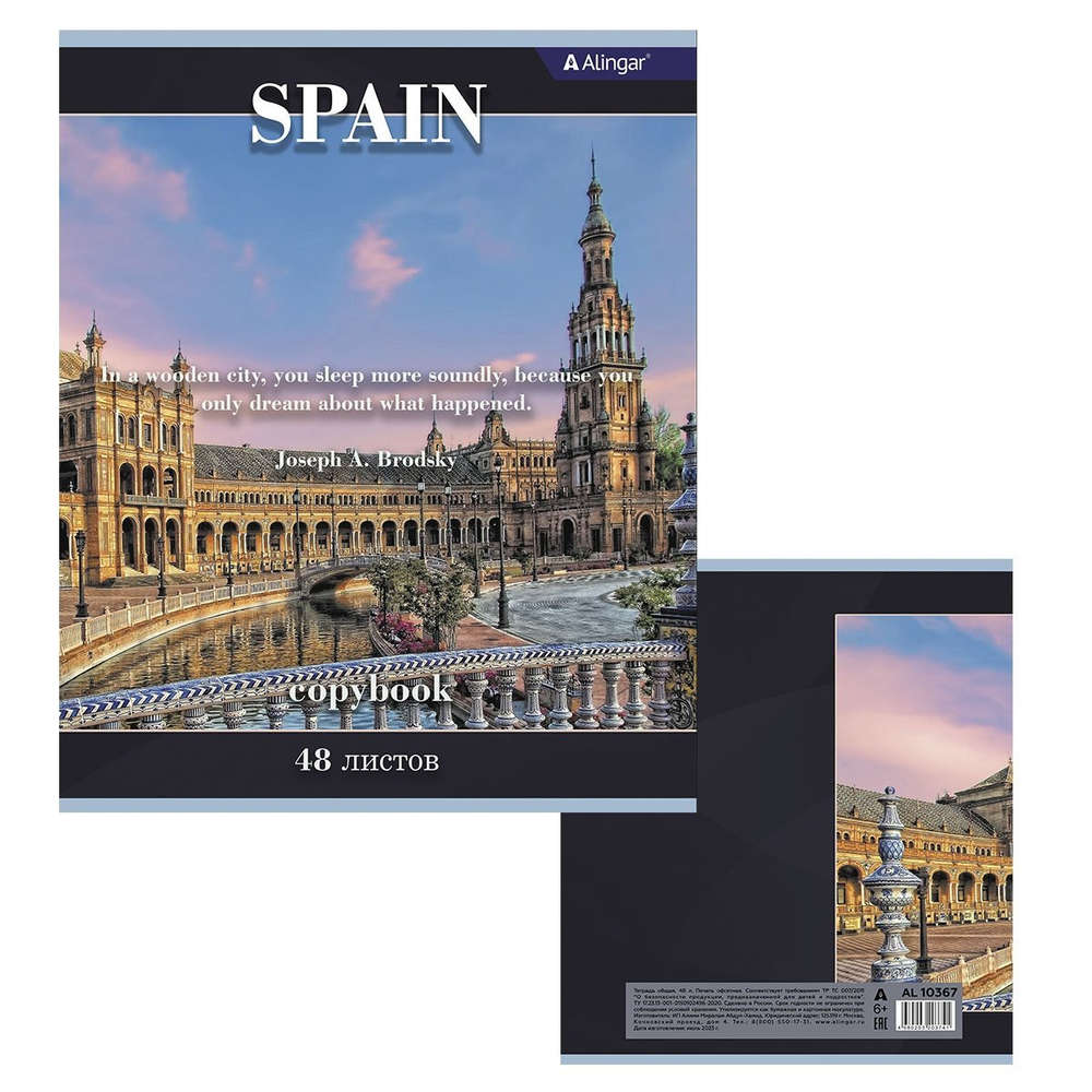 Тетрадь 48л., А5, клетка,Alingar, "Города Европы", скрепка, мелованный картон (стандарт), блок офсет, 4 дизайна в пленке т/у