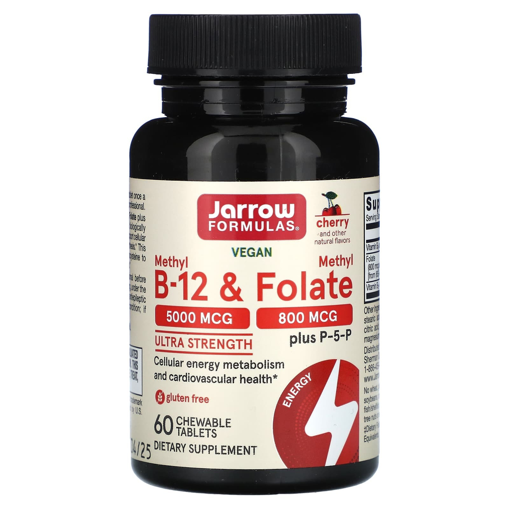 Jarrow Formulas, веганский метил B12 и метилфолат, максимальная сила действия, со вкусом вишни, 60 жевательных таблеток