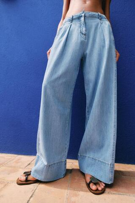 ZARA ДЖИНСЫ Z1975 WIDE LEG С ВЫСОКОЙ ПОСАДКОЙ И ЗАЩИПАМИ, ВЫЦВЕТШИЙ СИНИЙ