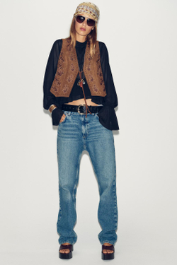 ZARA ЖИЛЕТ ИЗ ИСКУССТВЕННОЙ ЗАМШИ С ВЫШИВКОЙ И БИСЕРОМ, ТАБАЧНО-КОРИЧНЕВЫЙ