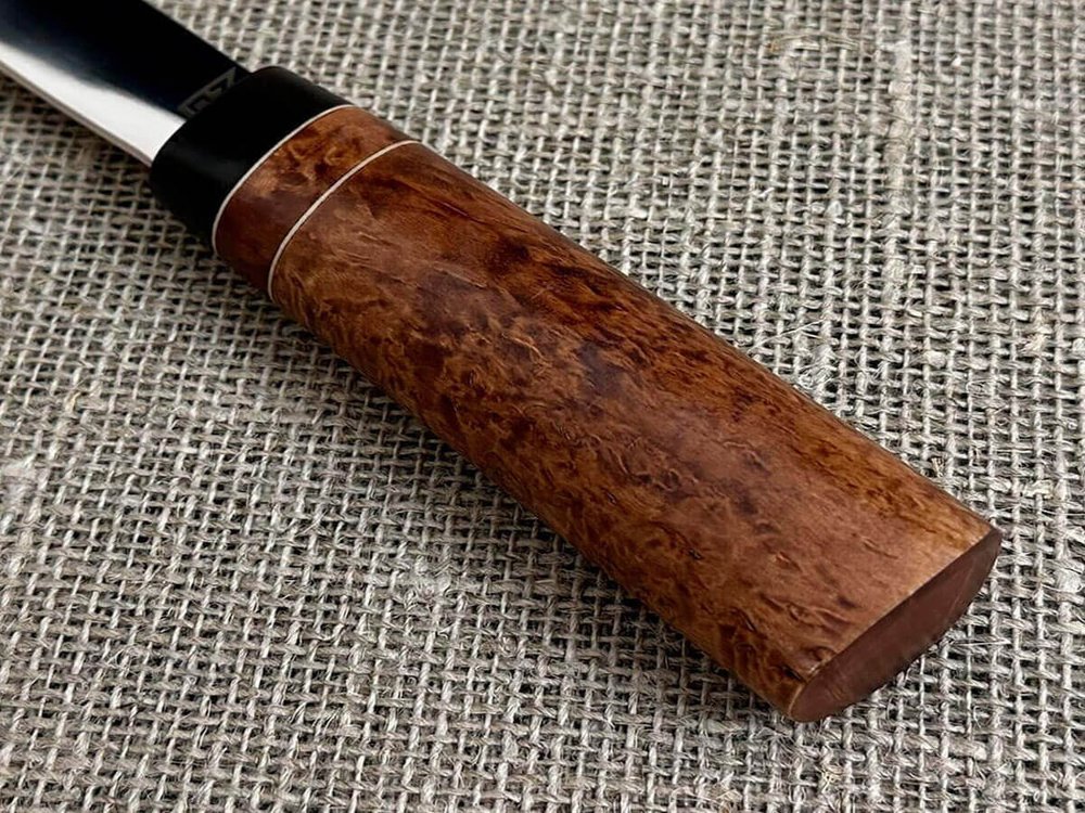 Якутский нож "Шейник" с кованым долом, рукоять карельская берёза