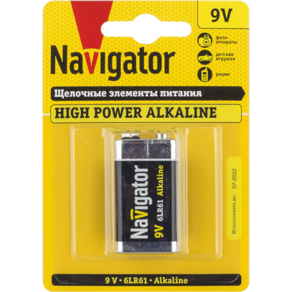 Батарейка Navigator 9V 6LR61 крона щелочь 23468