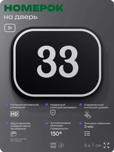 Номерок на дверь квартиры 33, для кабинета, офиса, шильдик 9 х 7 см, черный, Айдентика Технолоджи