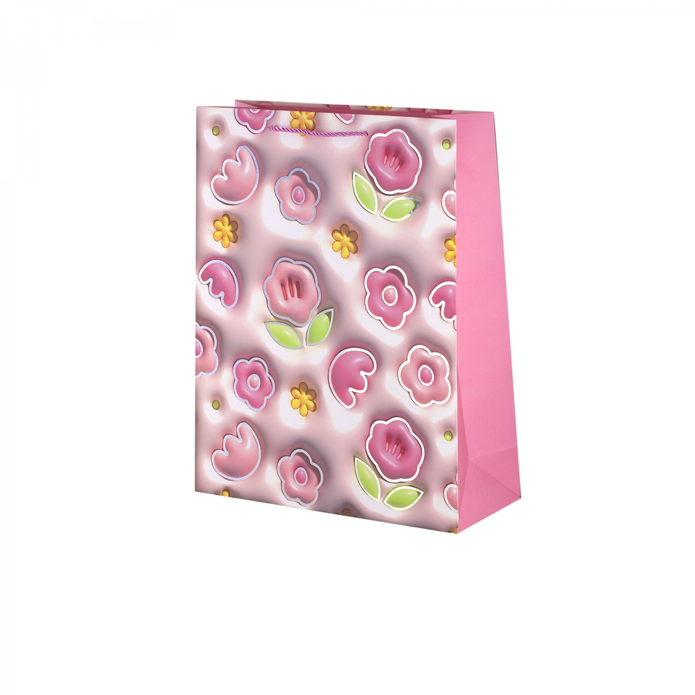 Пакет подарочный бумажный Alingar, (М) 18х23х10 см, вертикальный, "Нежные цветочки", мат. ламинация, тиснение голография, эфффект 3D, ассорти