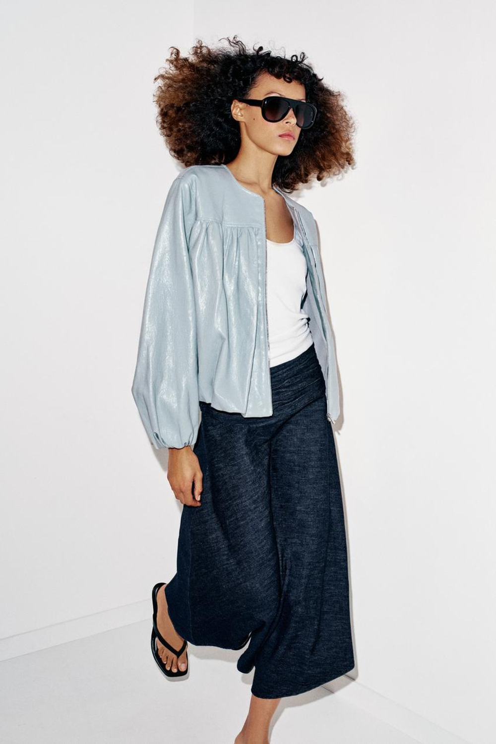 ZARA КУРТКА-БОМБЕР ИЗ ИСКУССТВЕННОЙ КОЖИ, НЕБЕСНО-ГОЛУБОЙ