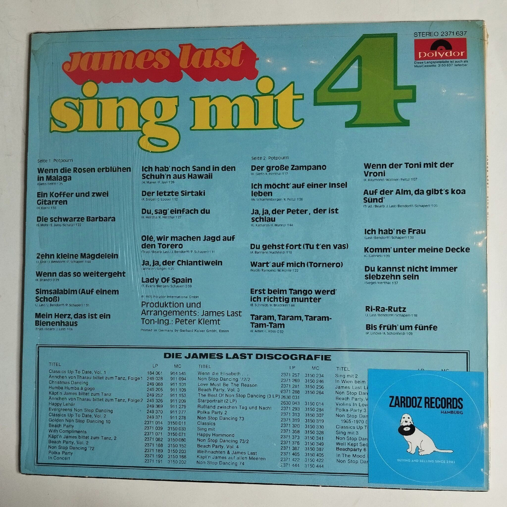 Винтажная виниловая пластинка LP James Last Джеймс Ласт Sing Mit 4 (Germany 1976) Wenn Die Rosen Erbluhen In Malaga
