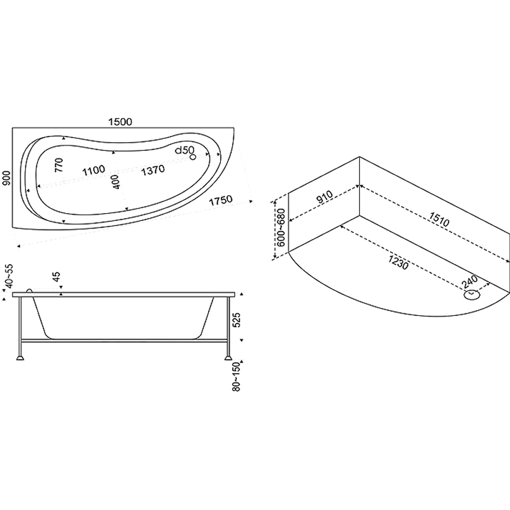 Акриловая ванна Bas (Бас) Алегра 150х90 L, с каркасом