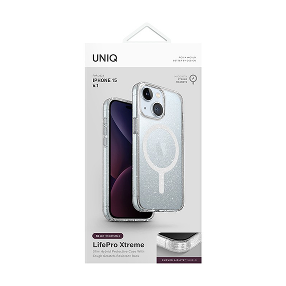 Чехол UNIQ Hybrid Lifepro Xtreme MagSafe для iPhone 15 6.1&quot; прозрачный с блестками (Lucent) (IP6.1(2023)-LPRXMLUC)