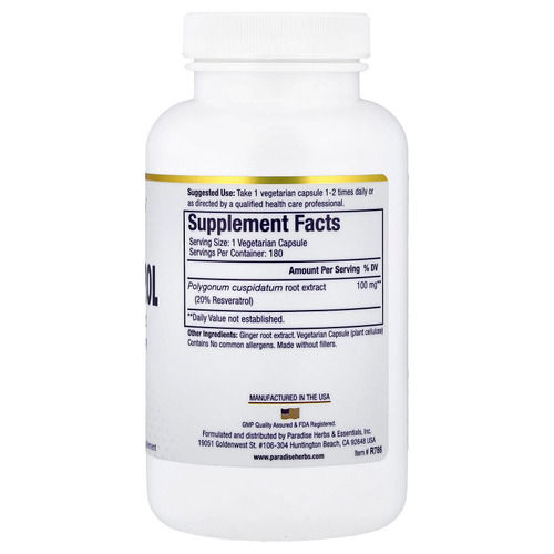 Paradise Herbs, экстракт ресвератрола премиального качества, 180 вегетарианских капсул (100 мг в 1 капсуле)