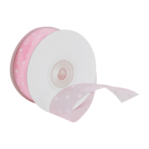 Лента Органза розовая с точками айвори 2,5 см