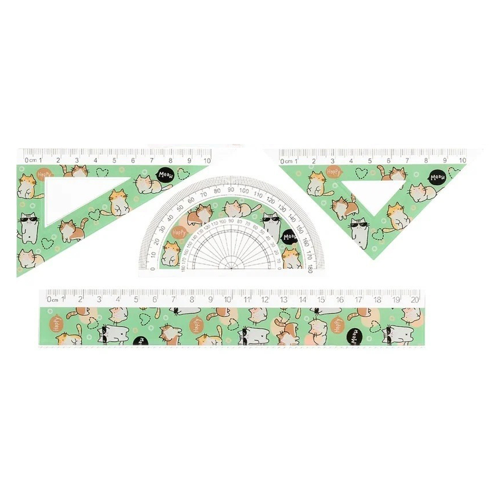 Линейка Basir пластиковая, набор 4 шт, серия "Кошки", 4 предмета: линейка 20 см, транспортир и два угольника