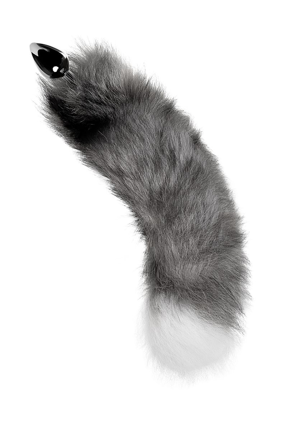 Серебристая металлическая анальная втулка с серым лисьим хвостом (Цвет: серый)