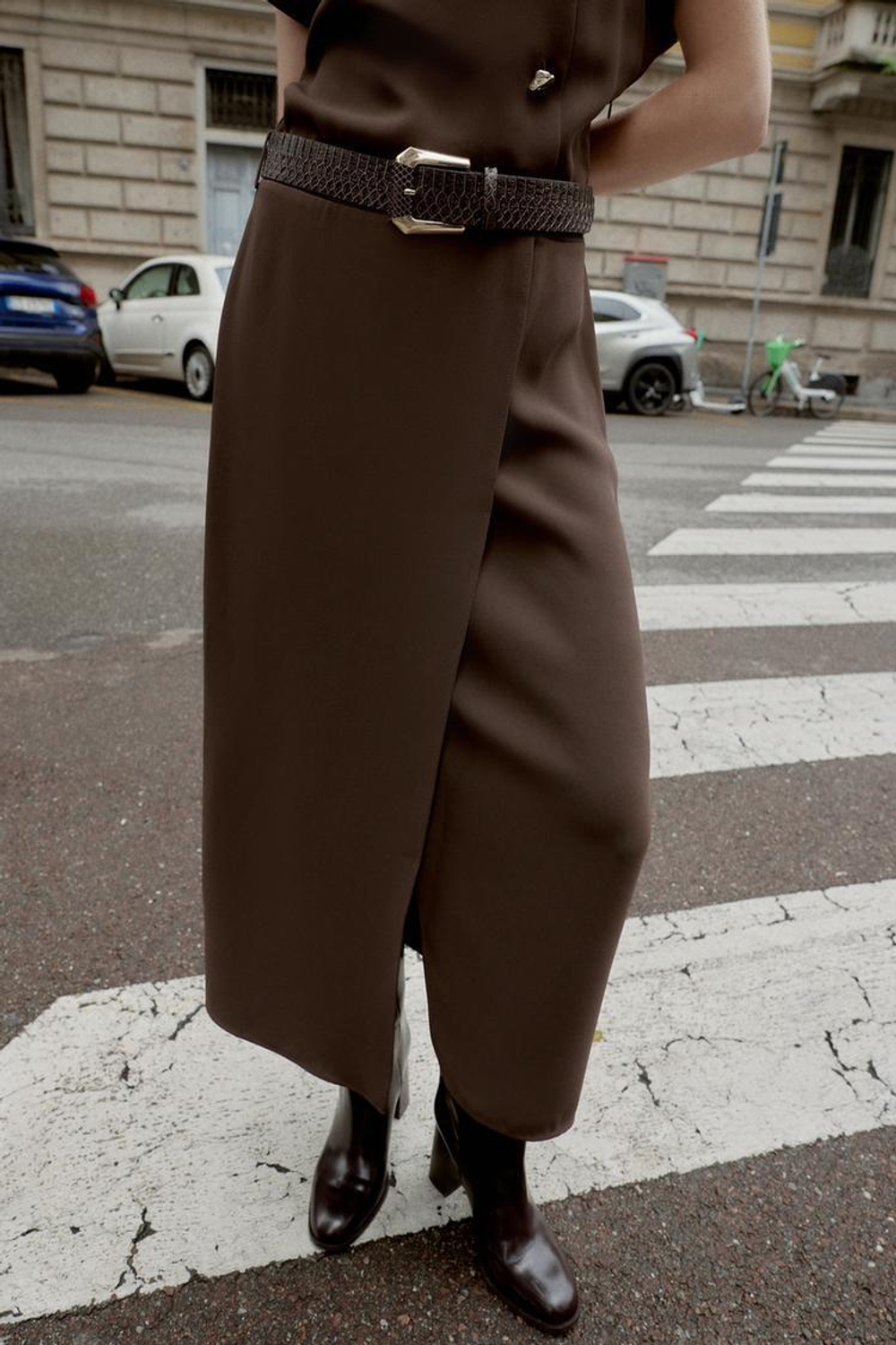 ZARA ПЛАТЬЕ МИДИ С ПОЯСОМ, КОРИЧНЕВЫЙ