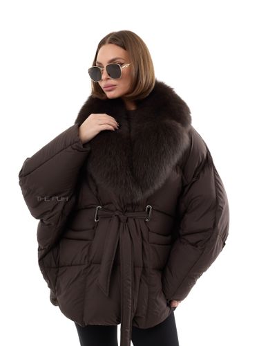 Шоколадный пуховик летучая мышь с мехом песца