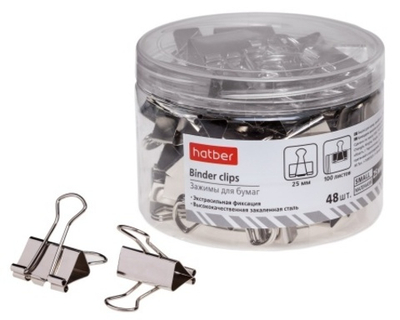 Зажимы для бумаг Hatber Binder clips, 25 мм, серебристый, металл, 1 шт