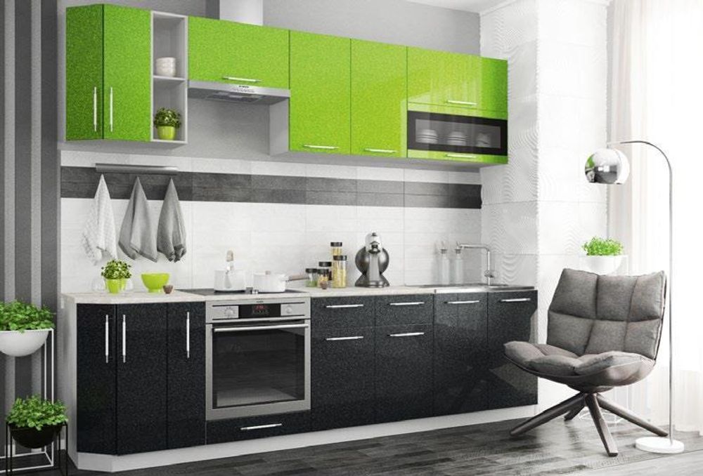 Модульный кухонный гарнитур «Олива» 2800 (черный металлик/зеленый металлик), ЛДСП, ДСВ Мебель