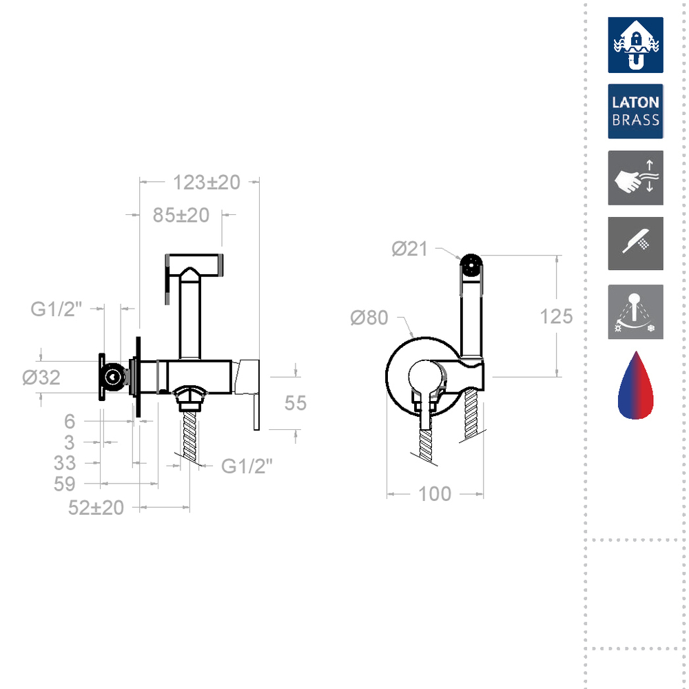 Гигиенический душ встраиваемый с магнитным клапаном и латунной лейкой 336801WCNC никель