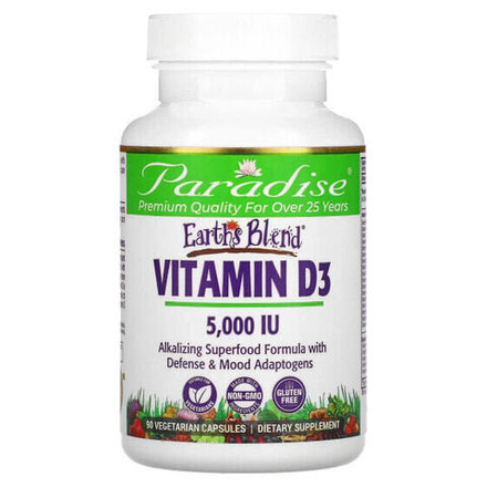 Витамин D Paradise Herbs, Earths Blend, витамин D3, 5000 МЕ, 90 вегетарианских капсул