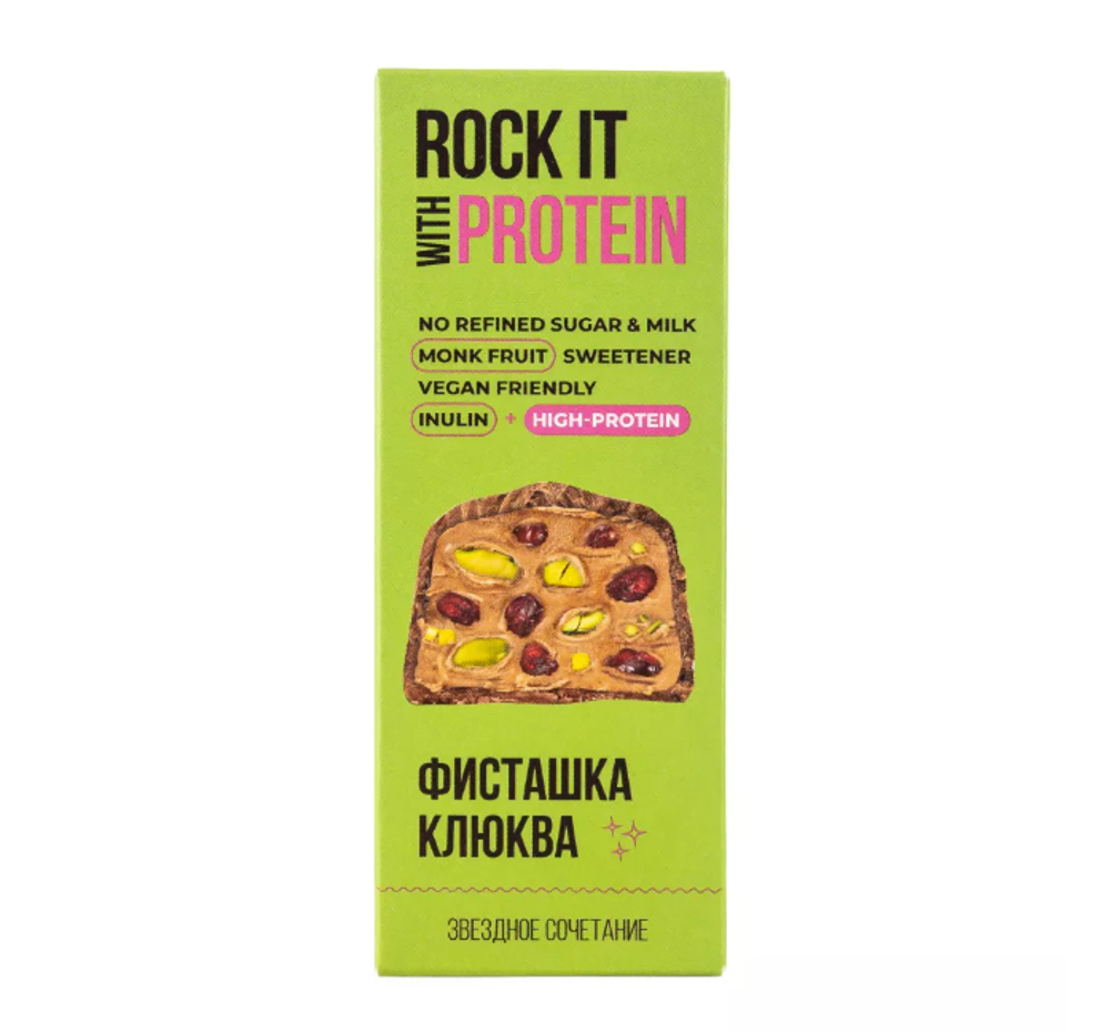 Rock it Батончик протеиновый с фисташками и клюквой в шоколаде, 40гр