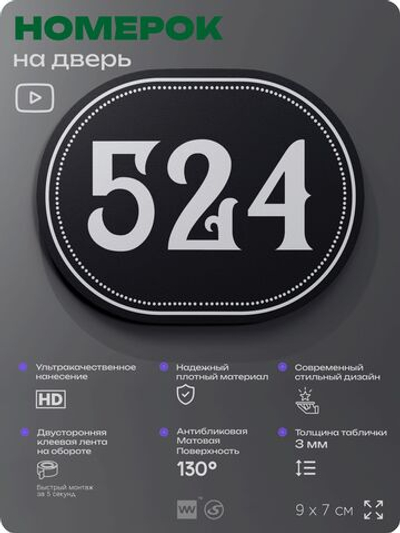 Номерок на дверь квартиры 524, для кабинета, офиса, шильдик 9 х 7 см, черный, Айдентика Технолоджи