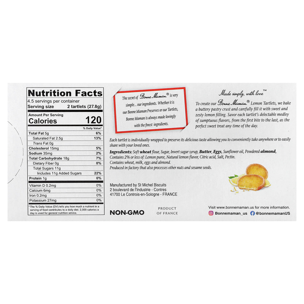 Bonne Maman, Тарталетки, с лимоном, 9 тарталеток, по 13,9 г (0,49 унции)