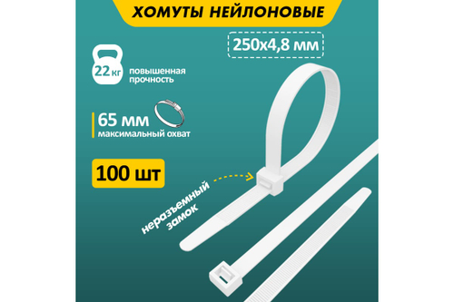 Хомуты нейлоновые REXANT белый 250*4.8мм (100шт/уп)