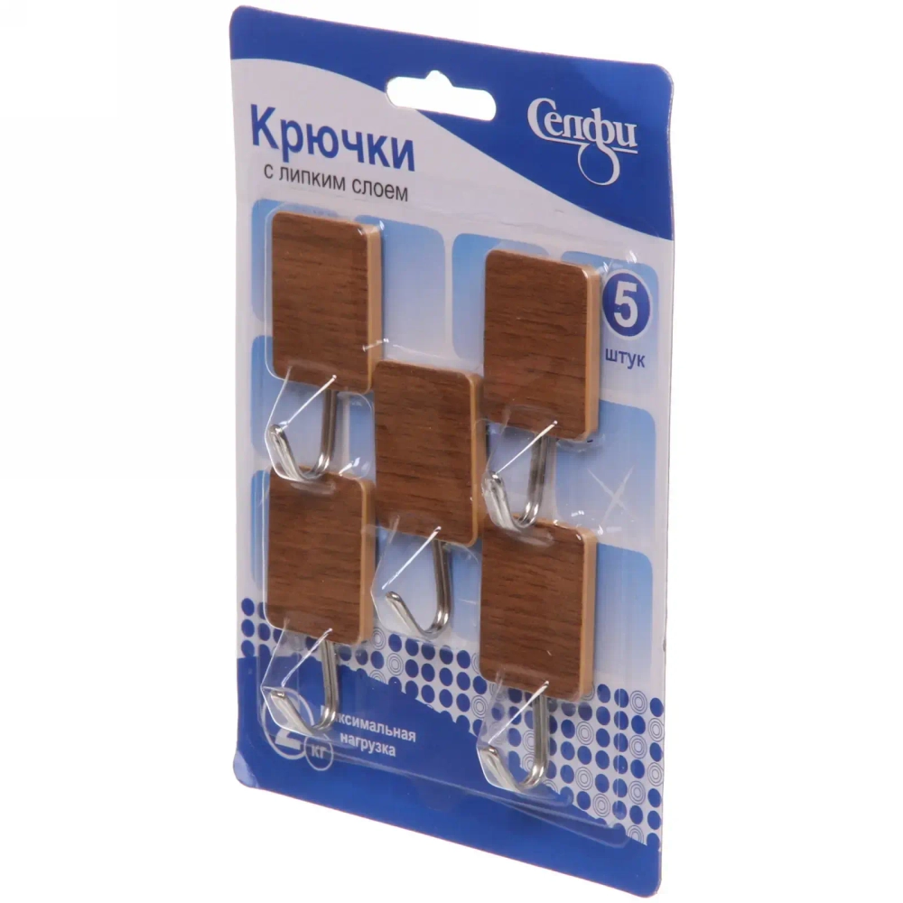 Крючки в наборе 5шт на липком слое «ИДЕЯДОМА», форма прямоугольник, принт тёмное дерево, нагрузка 2кг●