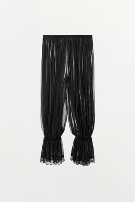 ZARA БРЮКИ-ШАРОВАРЫ С ЗАЩИПАМИ И КРУЖЕВОМ, ЧЕРНЫЙ